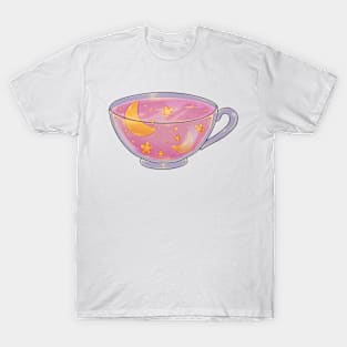 Soft pink night tea cup sticker on black background T-Shirt